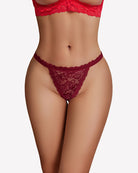 Floral lace thong panties, low-rise, dark red lace triangle front and lace trim