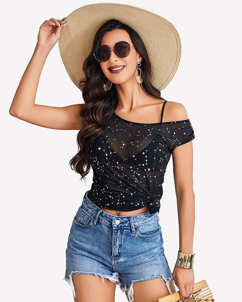 Sheer mesh swimsuit cover-up dress in black with silver star print, off-shoulder