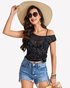 Sheer mesh swimsuit cover-up dress in black with silver star print, off-shoulder