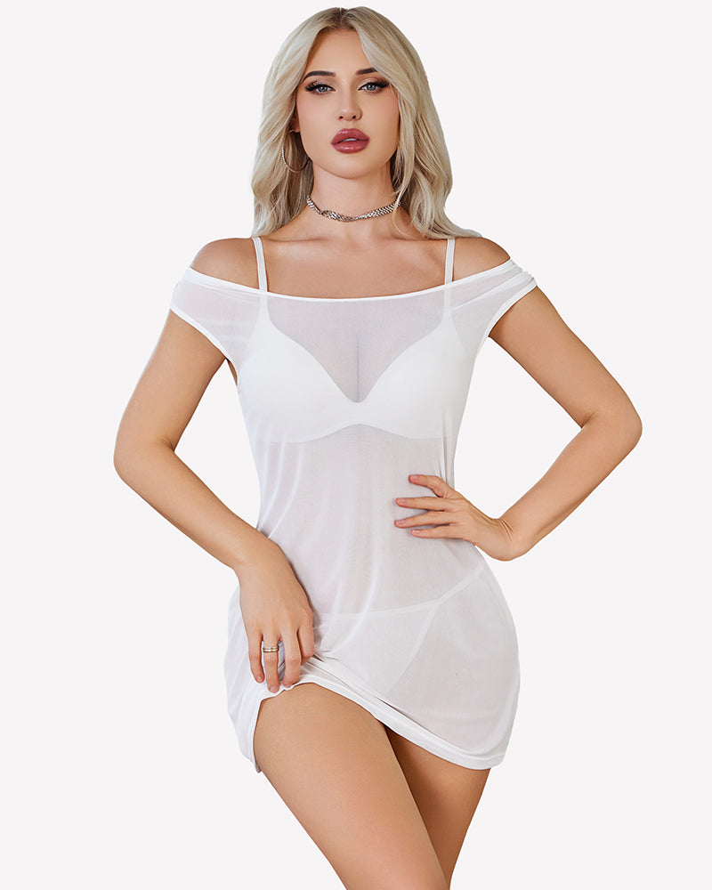 White sheer mesh swimsuit cover-up bikini dress with off-shoulder neckline.