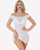 White sheer mesh swimsuit cover-up bikini dress with off-shoulder neckline.