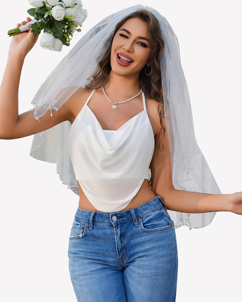 White halter crop cami with draped cowl neckline and thin tie straps