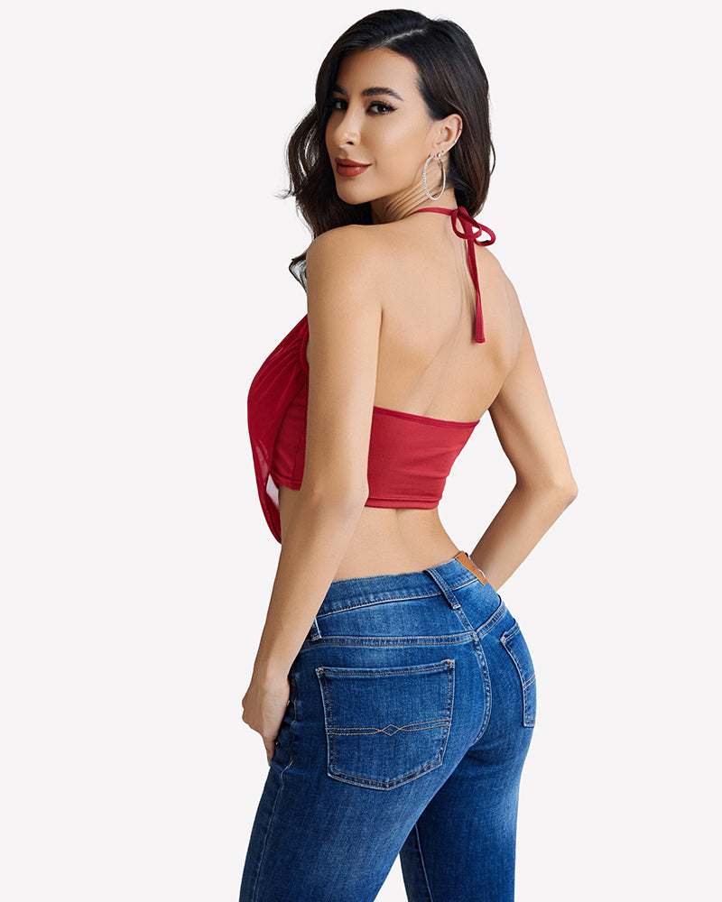 Red halter backless crop cami with tie halter straps and draped cowl neckline