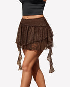 Brown lace pleated mini skort with tiered ruffle hem and dangling side ties