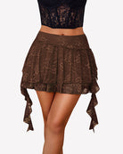 Brown lace pleated mini skort with tiered ruffles and long side ties