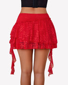 Red lace pleated mini skort with tiered ruffle hem and hanging side ties