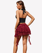 Wine red lace mini skort with layered ruffle skirt and sheer back hem tails