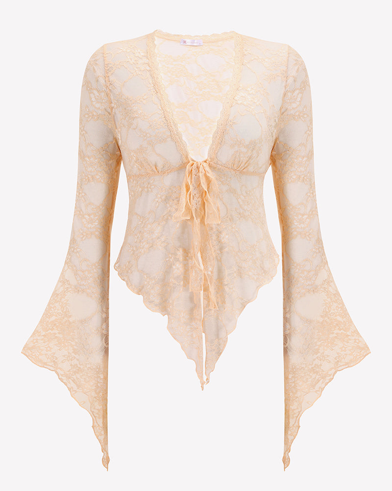Champagne lace bolero shrug with tie-front bow and bell sleeves
