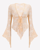 Champagne lace bolero shrug with tie-front bow and bell sleeves