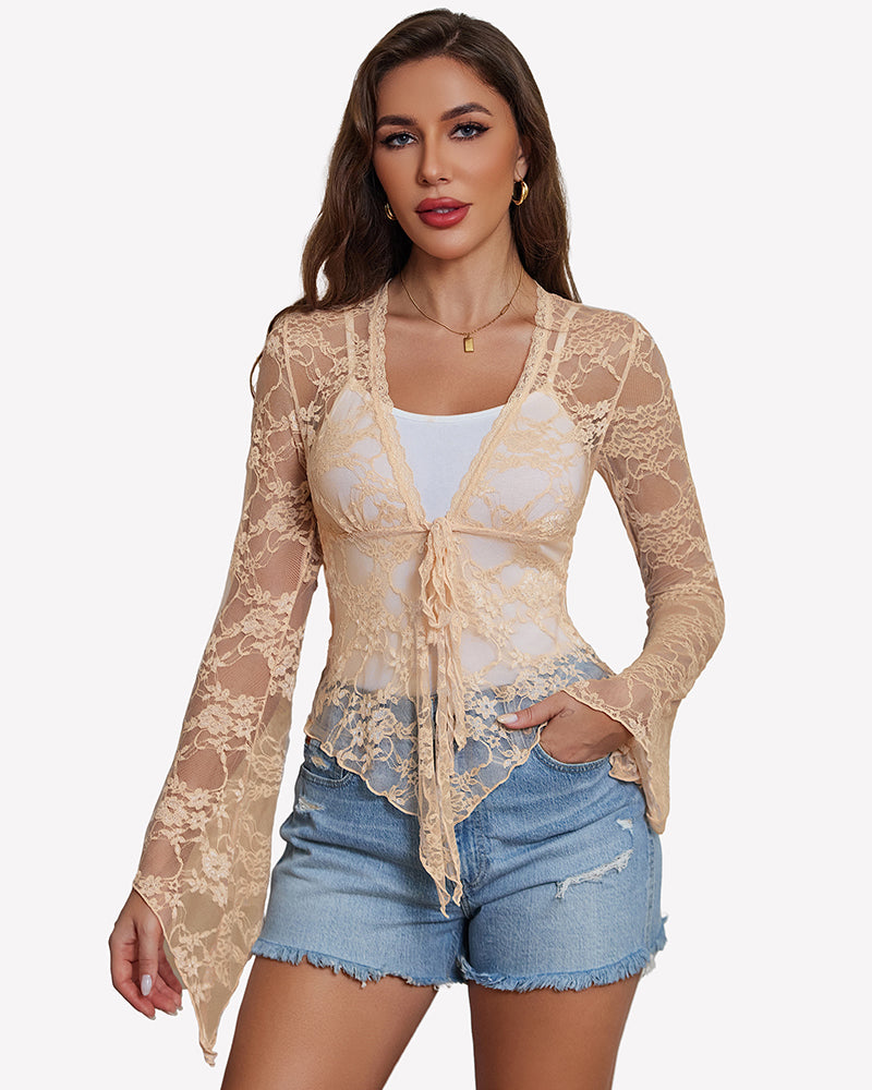 Champagne sheer lace bolero shrug with tie-front and flared bell sleeves