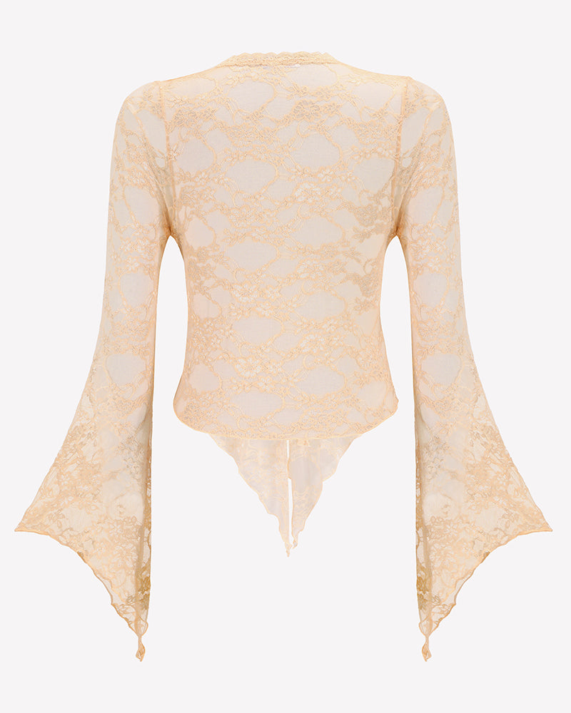 Champagne lace bolero shrug back view with flared bell sleeves