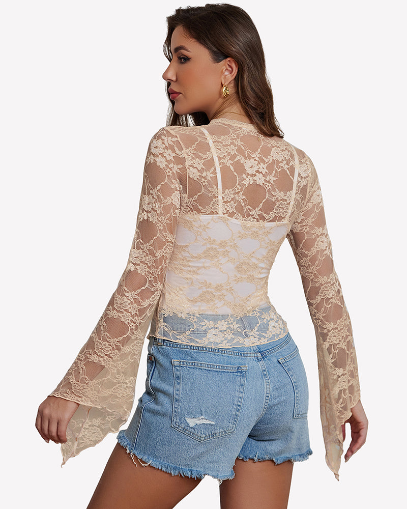 Champagne lace bolero shrug back view with flared bell sleeves