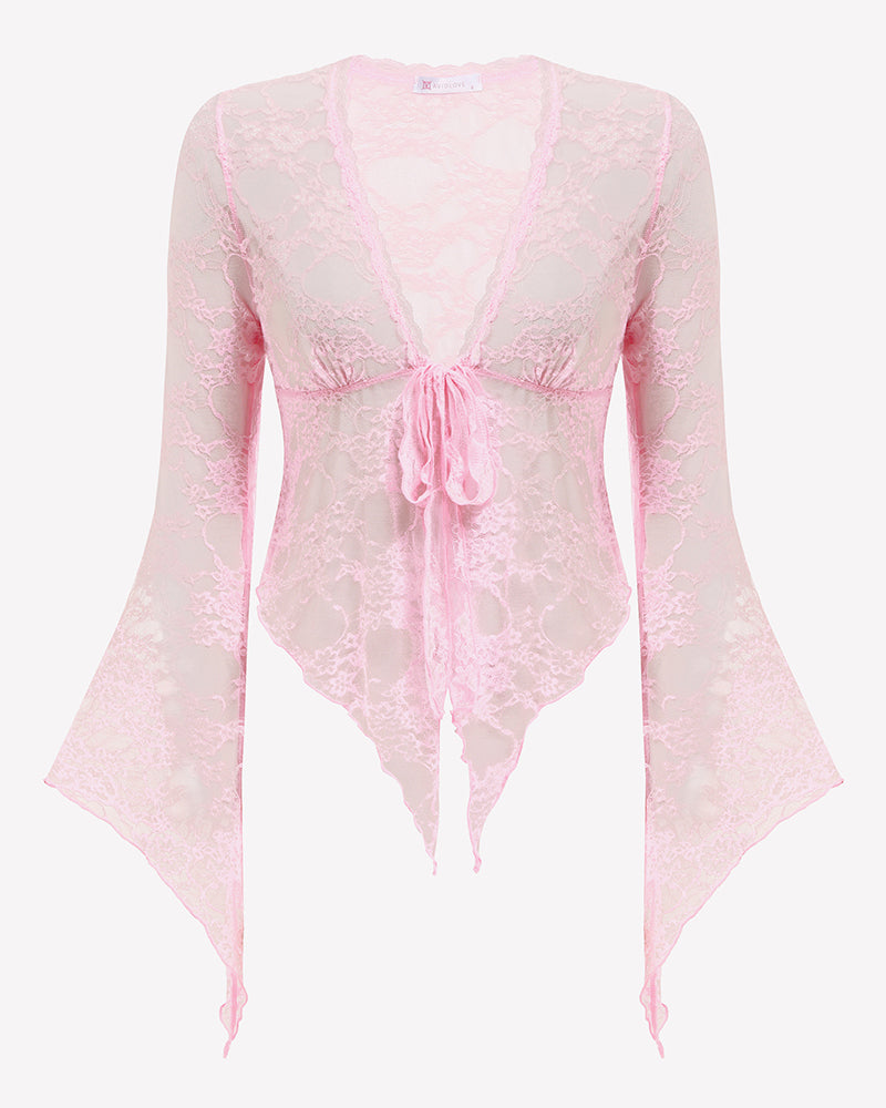 Pink sheer lace bolero shrug back view with tie-front bow and bell sleeves