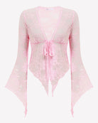 Pink sheer lace bolero shrug back view with tie-front bow and bell sleeves