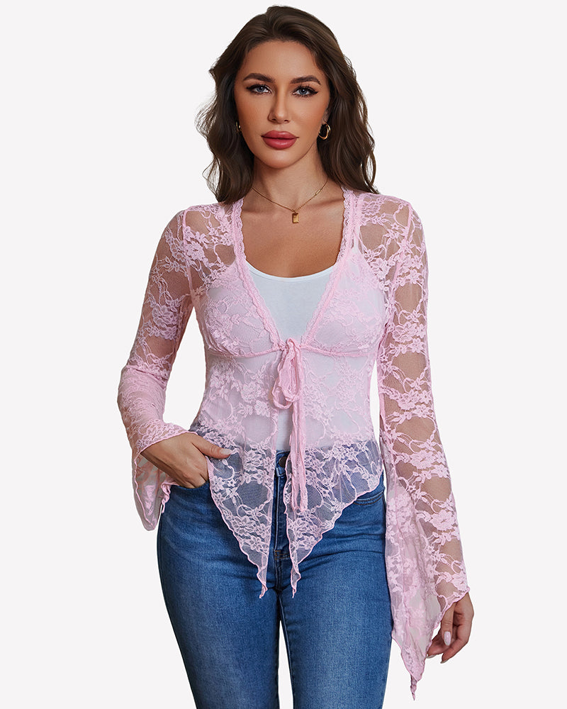 Pink sheer lace bolero shrug with tie-front and flared bell sleeves
