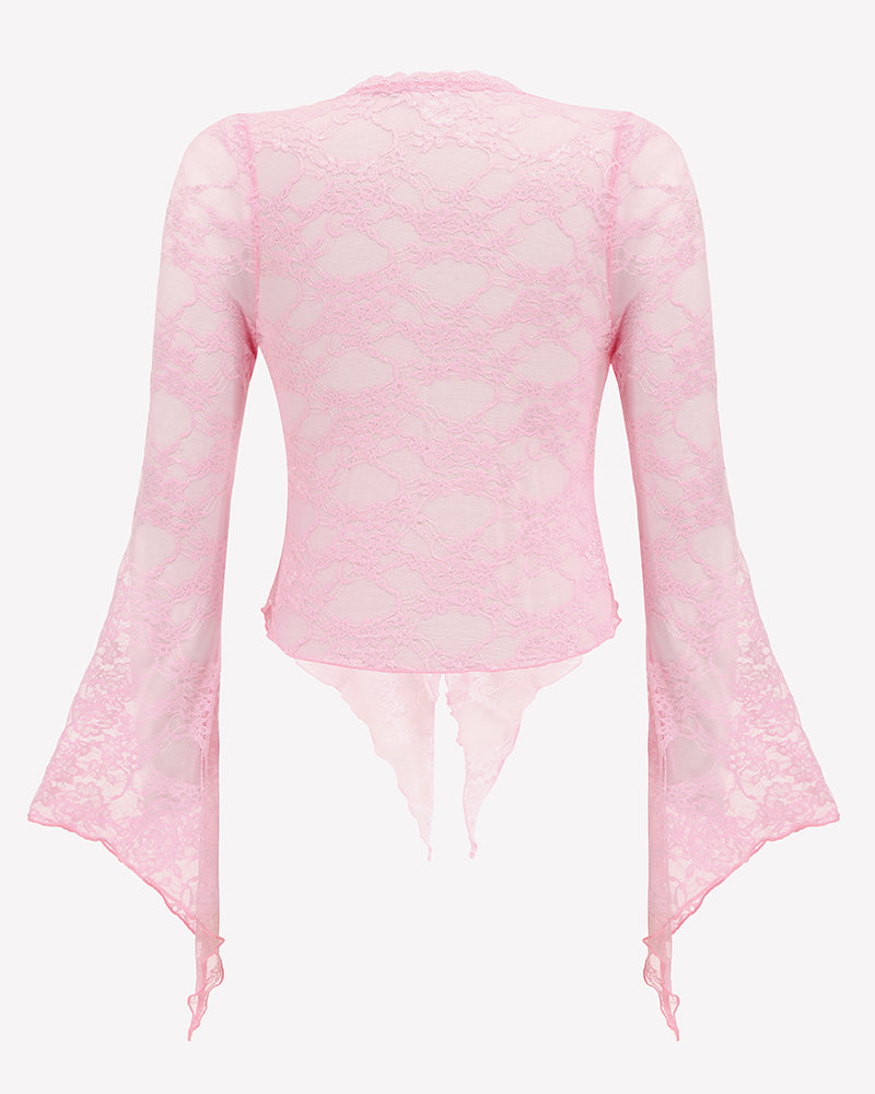 Pink sheer lace bolero shrug with tie-front, flared bell sleeves and scalloped hem