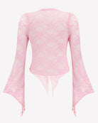 Pink sheer lace bolero shrug with tie-front, flared bell sleeves and scalloped hem