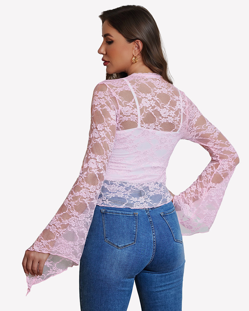Pink sheer lace bolero shrug side back view with tie-front and bell sleeves