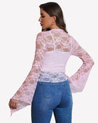 Pink sheer lace bolero shrug side back view with tie-front and bell sleeves