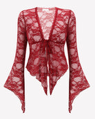Wine red sheer lace bolero shrug back view with tie-front detail and flared bell sleeves
