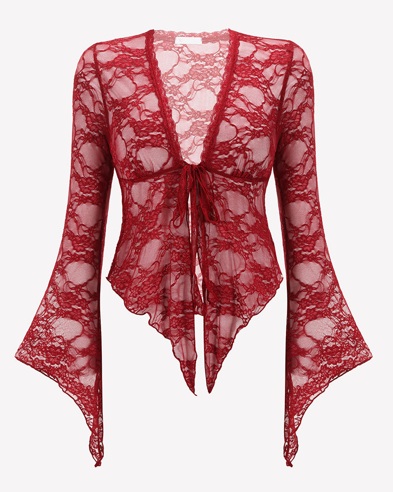 Wine red sheer lace bolero shrug back view with tie-front detail and flared bell sleeves