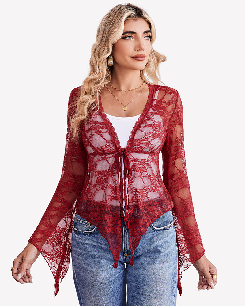 Wine red sheer lace bolero shrug with V-neck tie-front and flared bell sleeves