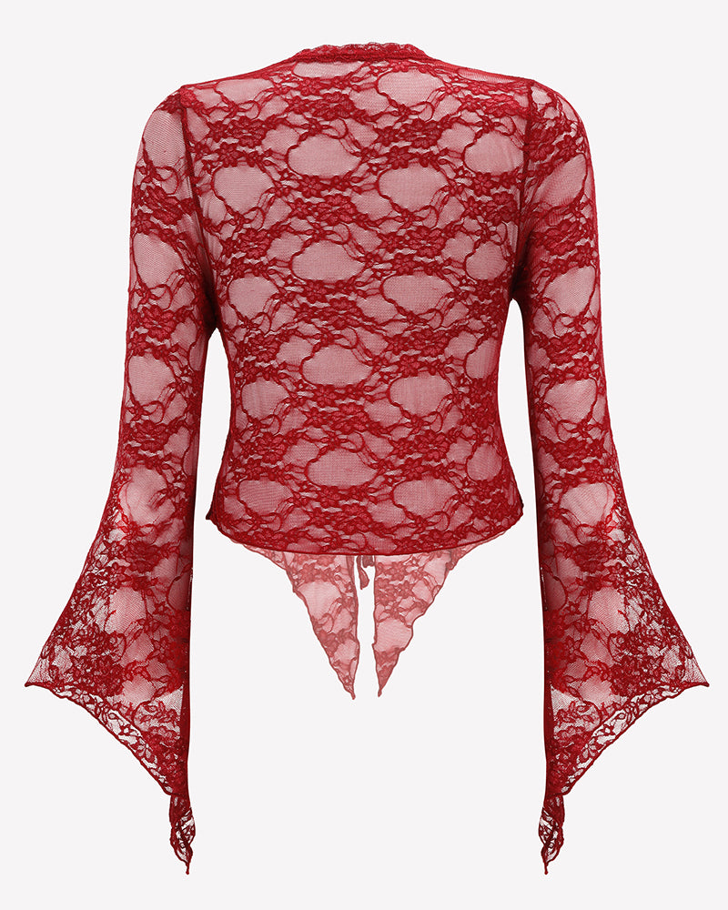 Wine red sheer lace bolero shrug back with scalloped hem and flared bell sleeves