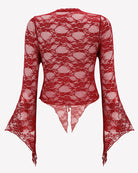 Wine red sheer lace bolero shrug back with scalloped hem and flared bell sleeves