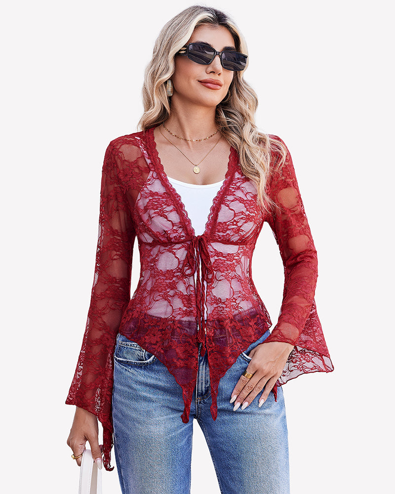 Wine red sheer lace bolero shrug with V-neck tie-front and flared bell sleeves