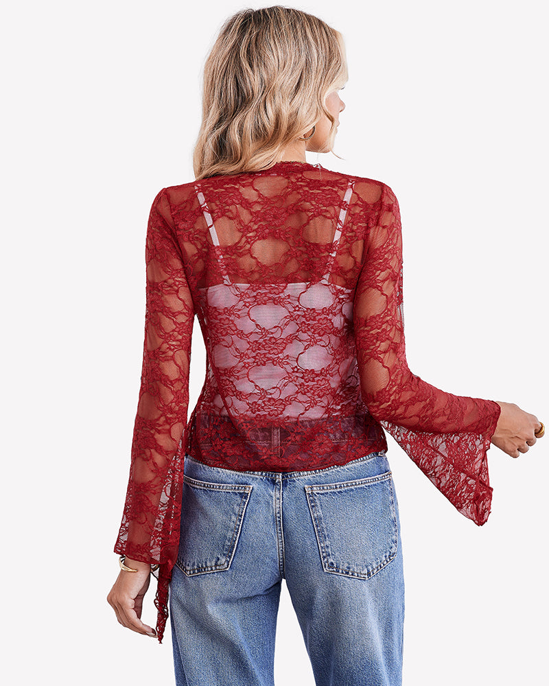 Wine red sheer lace bolero shrug, back view with V-shaped tie-front and flared bell sleeves