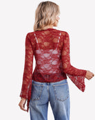 Wine red sheer lace bolero shrug, back view with V-shaped tie-front and flared bell sleeves