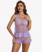 Lilac polka dot mesh lace cami and shorts pajama set with scalloped lace trim and ruffle