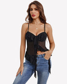 Black mesh bralette camisole with spaghetti straps, underwire cups, ruched tie front