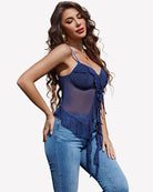 Blue mesh bralette camisole with spaghetti straps, underwire cups, side tie details