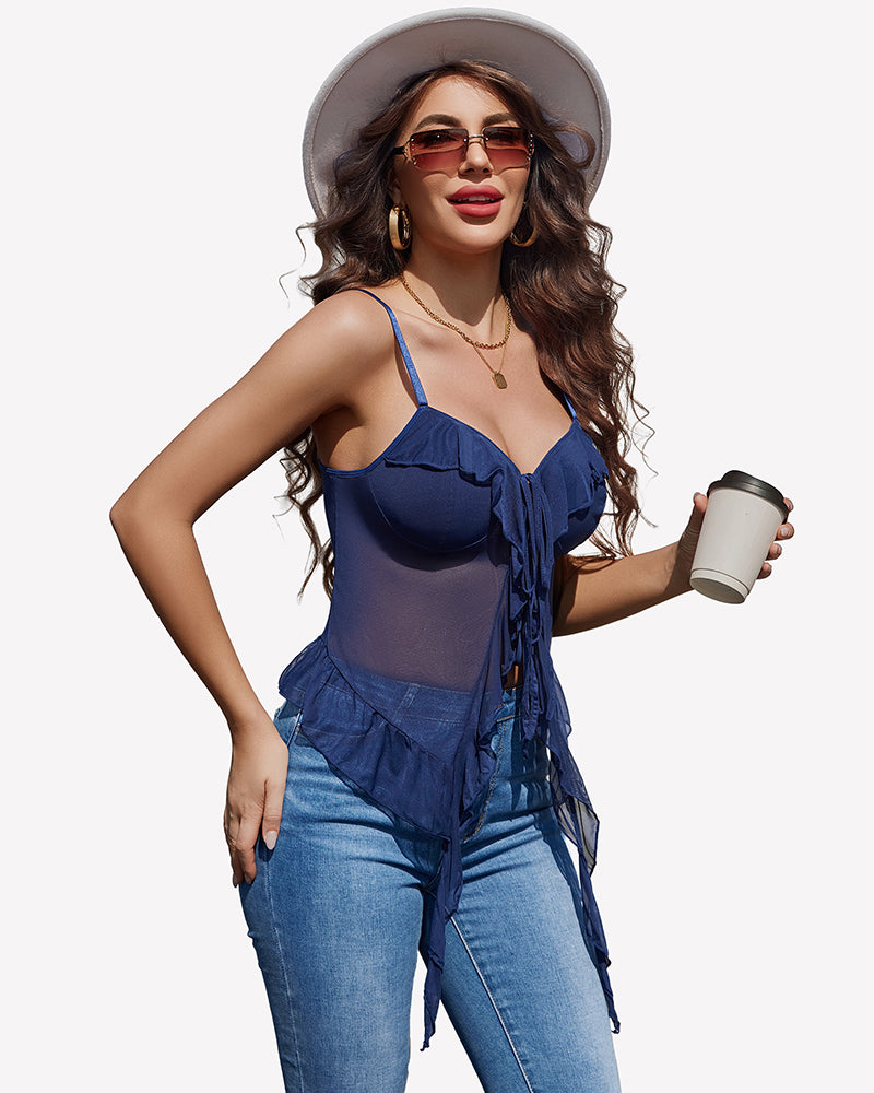 Navy blue mesh bralette camisole with spaghetti straps, underwire cups, tie-front ruffles