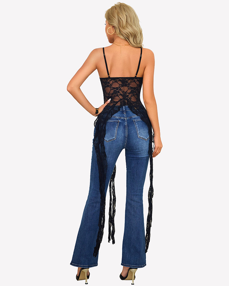 Black lace camisole top with V-neck back view, tie bust, open front with fringe