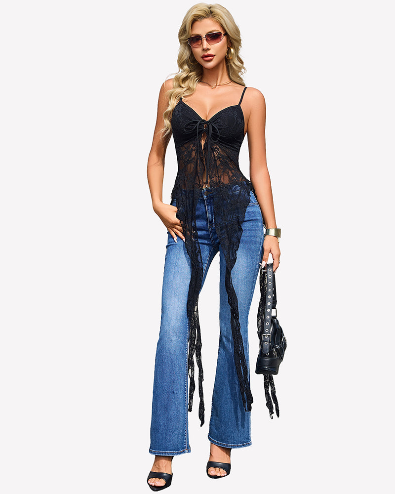 Black lace camisole top with V-neck, tied bust, open front and fringe ruffle panels