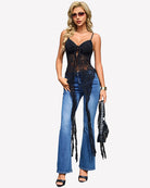Black lace camisole top with V-neck, tied bust, open front and fringe ruffle panels