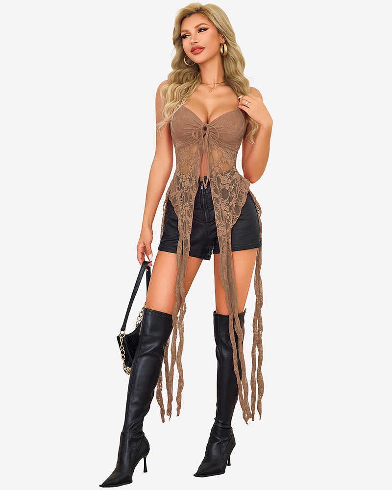 Taupe lace camisole top with V-neck tie bust and open front fringe ruffles
