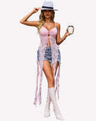 Lilac lace ruffle camisole top with bow front and long draped panels