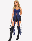Navy lace camisole top with V-neck tie bust and open front fringe ruffles
