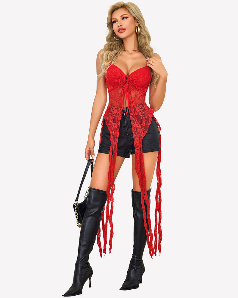 Red lace camisole top with V-neck tie bust, open front and fringe ruffle panels