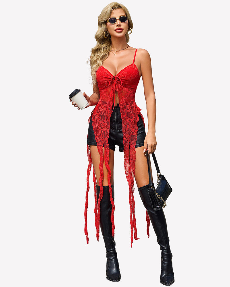 Red lace ruffle camisole top with bow front and long draped panels