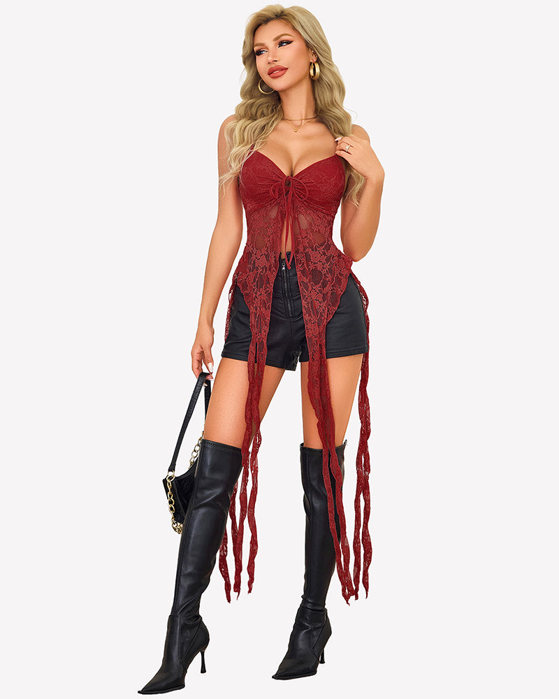 Burgundy lace ruffle camisole top with bow front and long draped panels