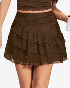 Brown lace mini skirt with high waist and layered ruffle tiers, A-line silhouette
