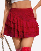 Wine red lace mini skirt with high waist and layered ruffle tiers, A-line fit