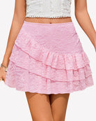 Pink lace mini skirt with high waist and layered ruffle tiers, A-line silhouette