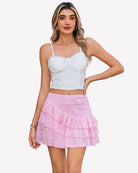 Pink lace mini skirt, high waist with layered ruffle A-line hem