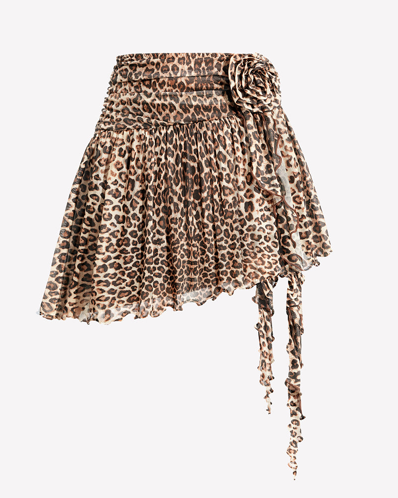 Leopard print mini skirt with rosette waistband, layered ruffles, and hanging ties