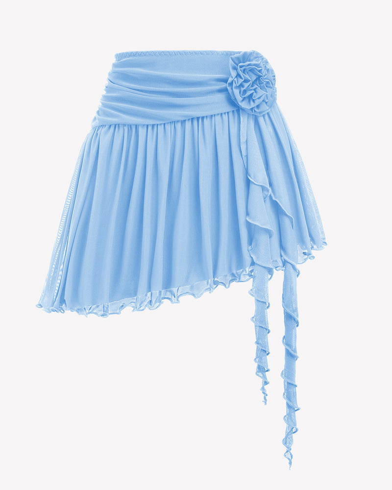 Light blue chiffon mini skirt with rosette waistband detail and hanging drape ties